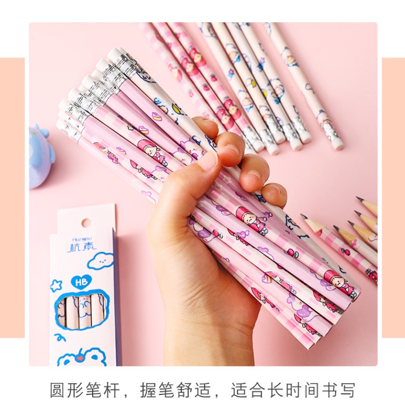 Hộp 10 bút chì HB RUIXIANG họa tiết hoạt hình dễ thương kèm cục tẩy cao su tiện dụng cho học sinh