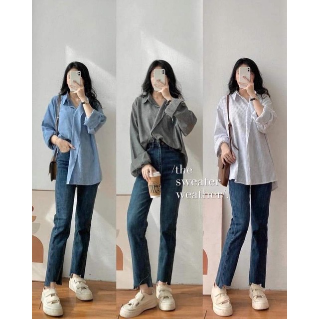 Áo sơ mi kẻ sọc nữ xanh, trắng, ghi kèm ảnh thật siêu xinh