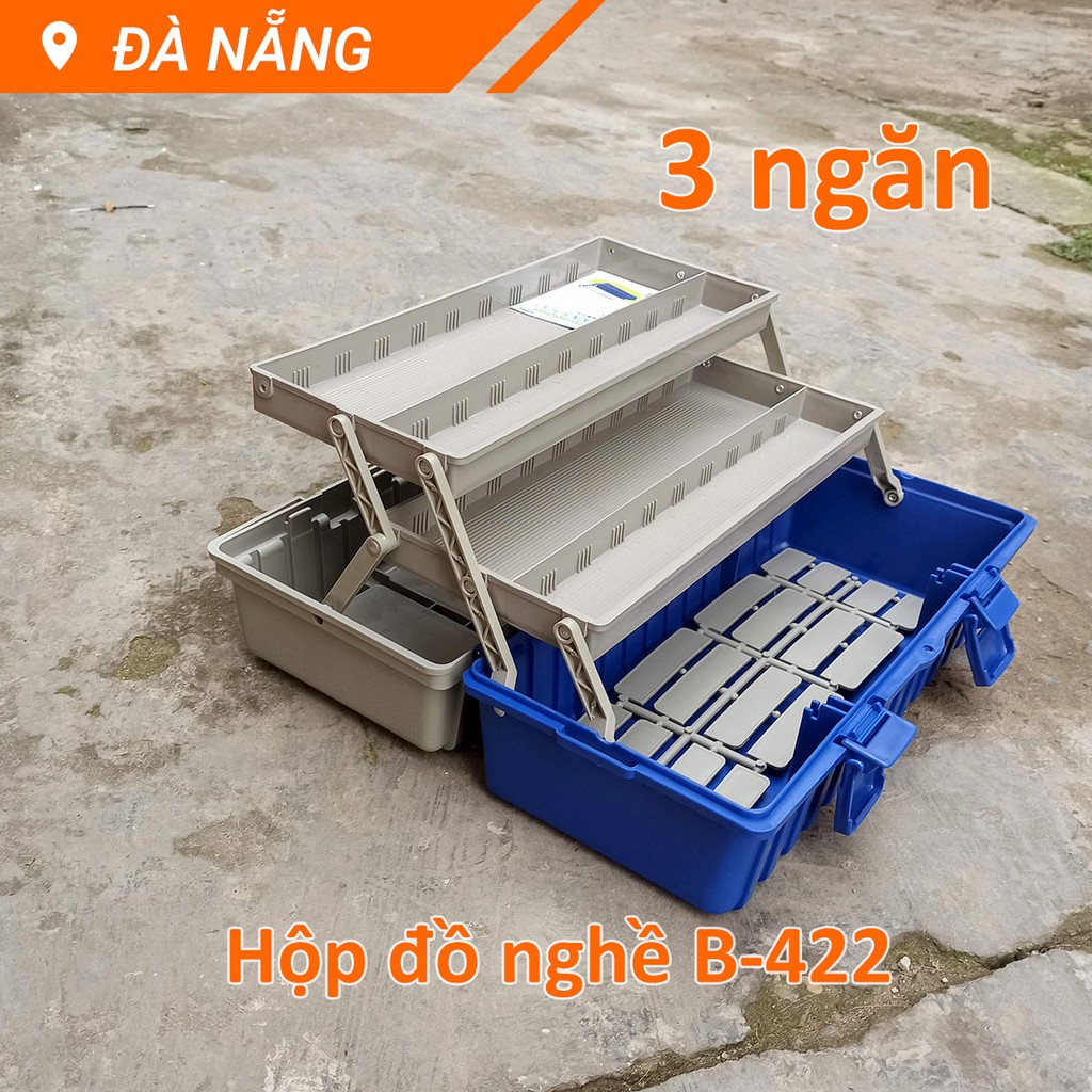 Thùng đồ nghề 3 tầng tự mở 420x200x180mm Buddy B-422 mầu xanh dương xám