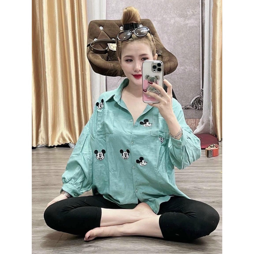 Đồ bộ nữ, set đồ bộ quần legging thun dày và áo sơ mi tay phồng lai bầu có túi form rộng freesize vải lụa dày cao cấp