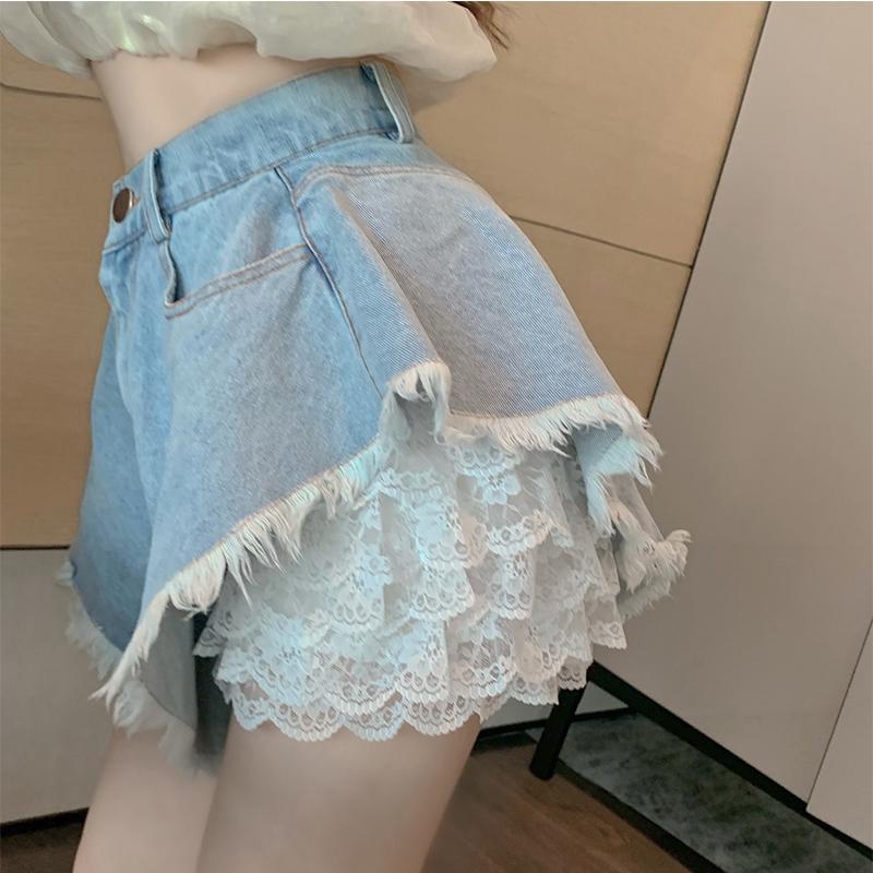 Quần Short Denim Ống Rộng Lưng Cao Phối Ren Hoa Thời Trang Mùa Hè 2021 Cho Nữ