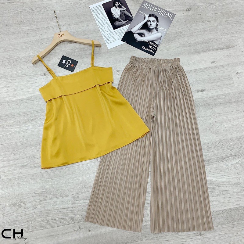 Set áo dây + quần dập ly chanh xả 🥰Bộ quần ống rộng áo dây đi chơi cực xinh cho các nàng diện hè