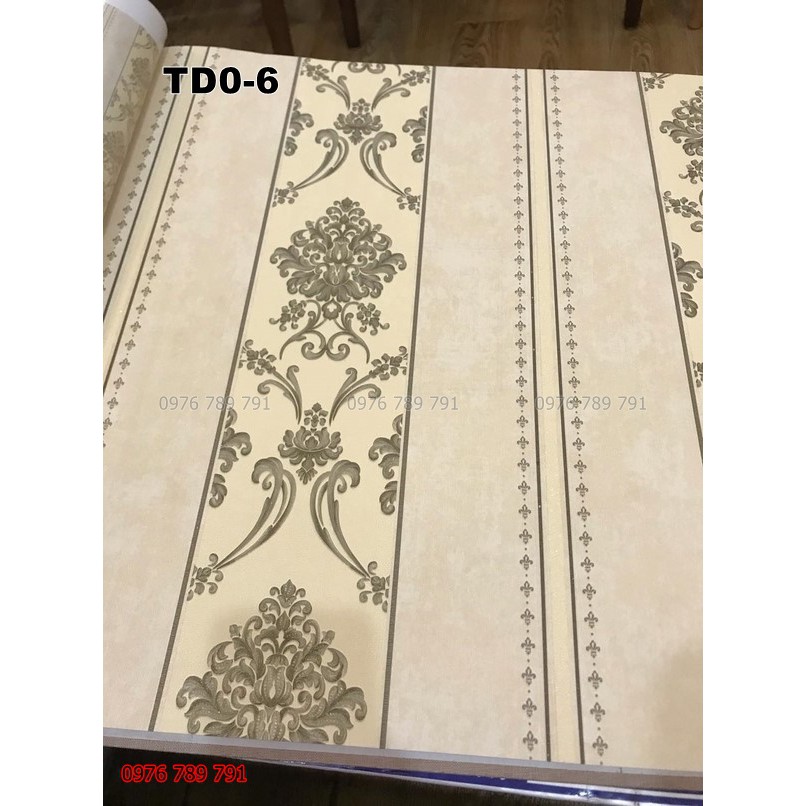 Giấy Dán Tường Hoa Văn Cổ Điển Dải Dọc Cho Phòng Khách Màu Xanh, Vàng, Lụa Không Keo, Khổ 53 cm