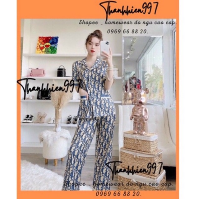 Pijama tay ngắn đi- or xước xanh O008 cao cấp quảng châu.