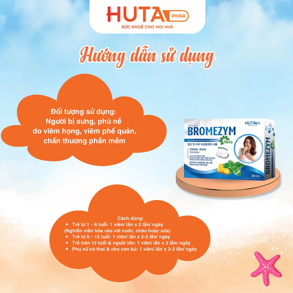 Viên ngậm giảm phù nề, sưng tấy do tổn thương mô mềm, viêm họng, viêm khớp Bromezym HUTA PHAR