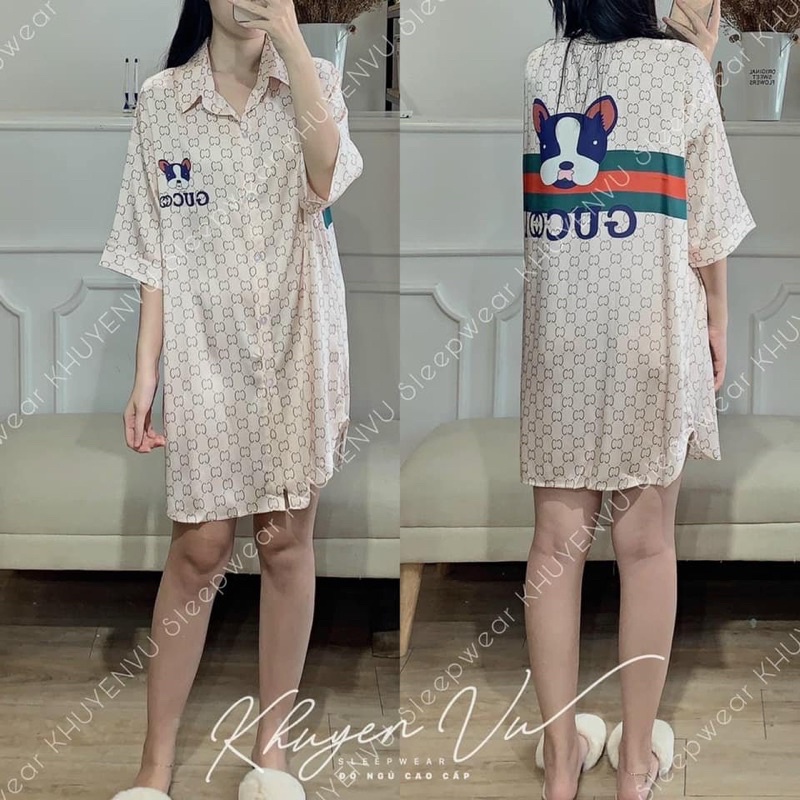 Đồ ngủ, váy ngủ mặc nhà cổ sơ mi lụa latin