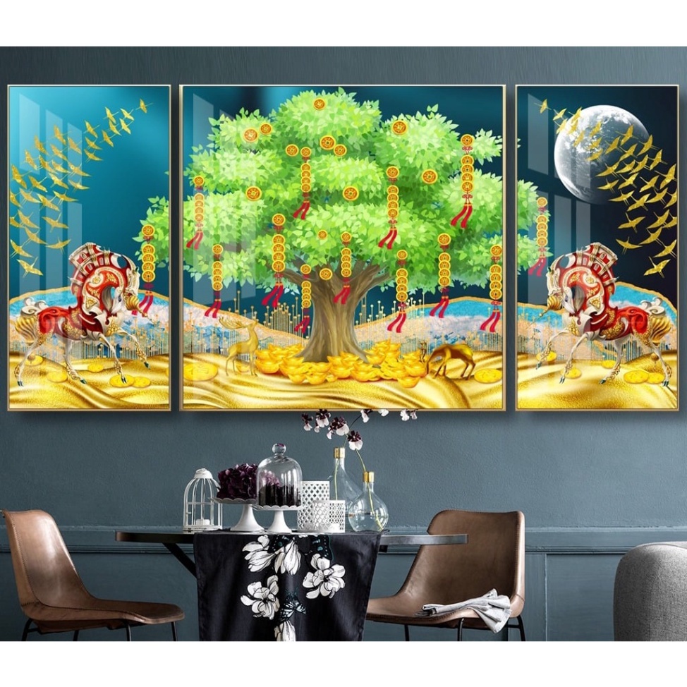Tranh tráng gương Cây kim tiền tài lộc, tiền vào như nước, làm ăn may mắn phát đạt, tranh tráng trí phòng khách.
