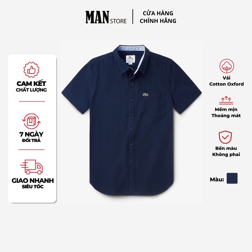 Áo sơmi nam tay ngắn Lacoste, sơ mi nam cộc tay basic, vải cotton oxford thoáng mát, form slim fit
