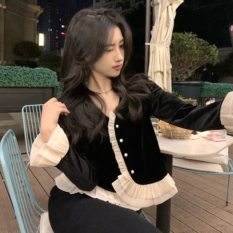 Áo cardigan kiểu SUXI tay dài cổ chữ V ôm dáng vừa vặn vải nhung phong cách Hàn Quốc vintage dành cho nữ