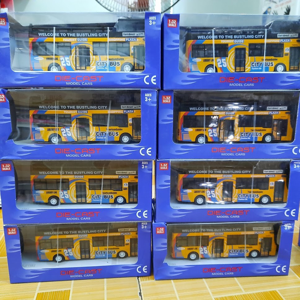 Mô hình ô tô xe buýt 2 tầng bằng sắt đồ chơi trẻ em tỉ lệ 1:32 có âm thanh và đèn khi mở cửa