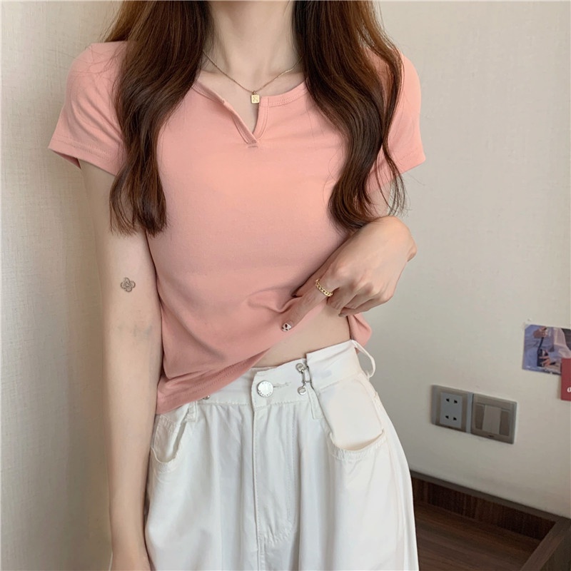 Áo Thun Croptop Tay Ngắn Màu Sắc Đơn Giản Phong Cách Hàn Quốc Cho Nữ