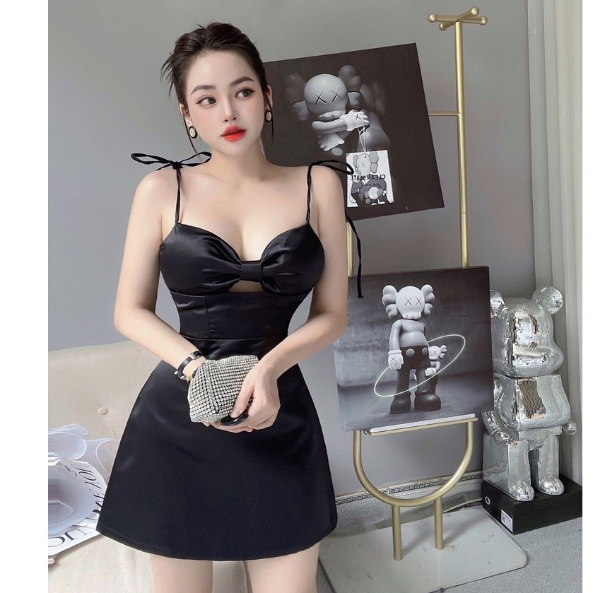 Đầm 2 Dây Bo Eo Thắt Nơ Vai Ngực Nơ, Váy Dự Tiệc Ngắn - Vải Tầm Xước Ép Keo - 2 Màu Đen, Trắng - ẢNH THẬT