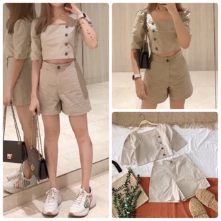 Set áo cổ vuông nút gỗ quần short