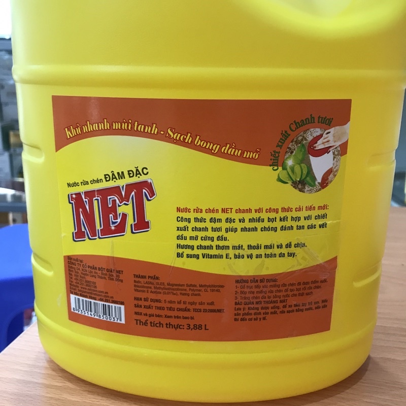 Nước rửa chén NET đậm đặc chiết xuất chanh tươi can 3.8kg
