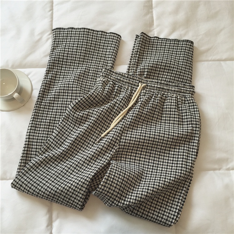 SUXI Quần Dài Lưng Cao Ống Rộng Họa Tiết Sọc Caro Phong Cách Vintage