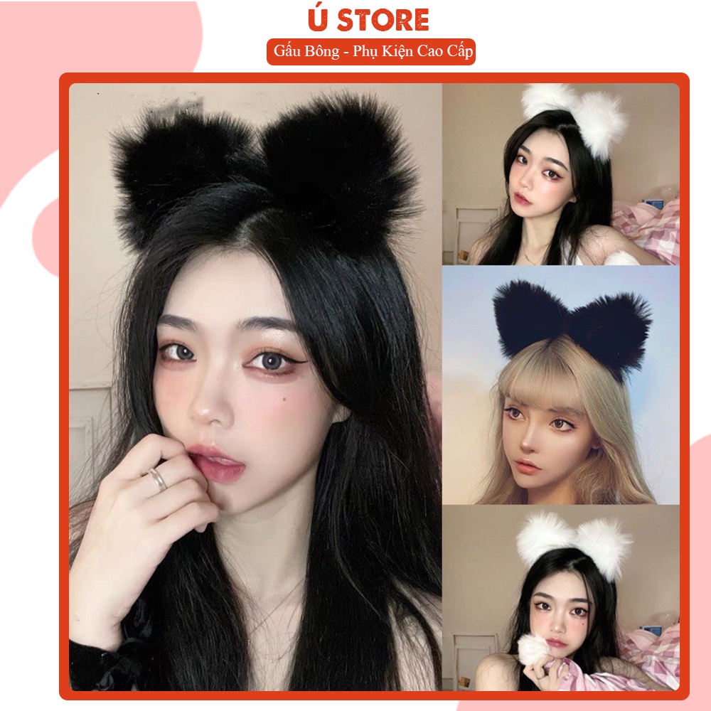 Bờm tóc cute, Cài Tóc Tai Mèo Lông Mềm Mại Dễ Thương Cute Cosplay Màu Đen Trắng
