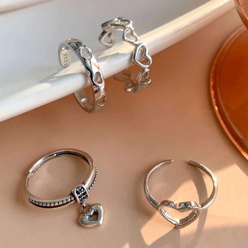 Set 4 nhẫn 17KM mạ bạc thiết kế trái tim khoét lỗ phong cách Hàn Quốc thời trang dành cho nữ