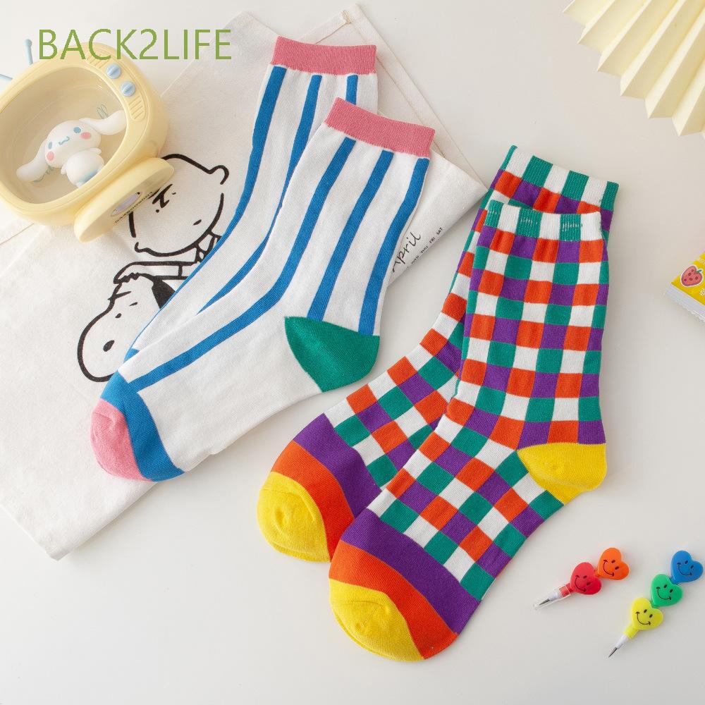 BACK2LIFE Harajuku Style Rainbow Socks Funny Hosiery Women Cotton Socks New Streetwear Rainbow Grid Long Girls Stripe Kawaii Socks white/blue/multicolor