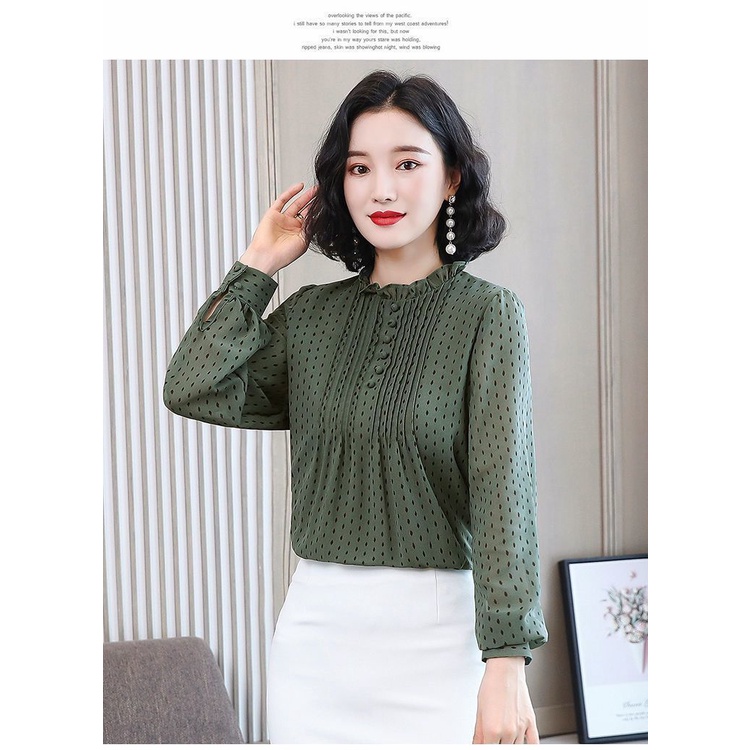 Áo Sơ Mi Chiffon Tay Dài Phồng Họa Tiết Chấm Bi Phong Cách Phương Tây Thời Trang Mùa Thu Mới Dành Cho Nữ