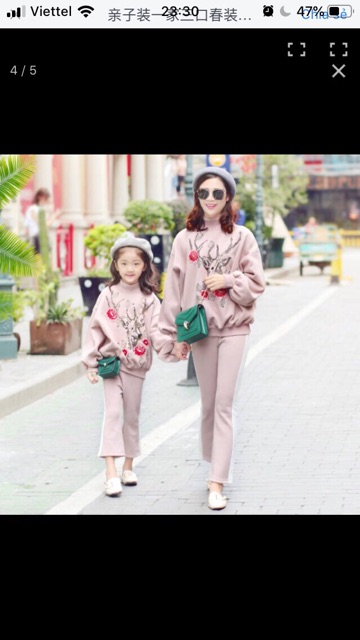 Set đồ đôi thể thao mẹ và bé con gái cực xinh áo khoác dài tay hồng quần ống loe thêu hoa Hàn Quốc chất đẹp 177