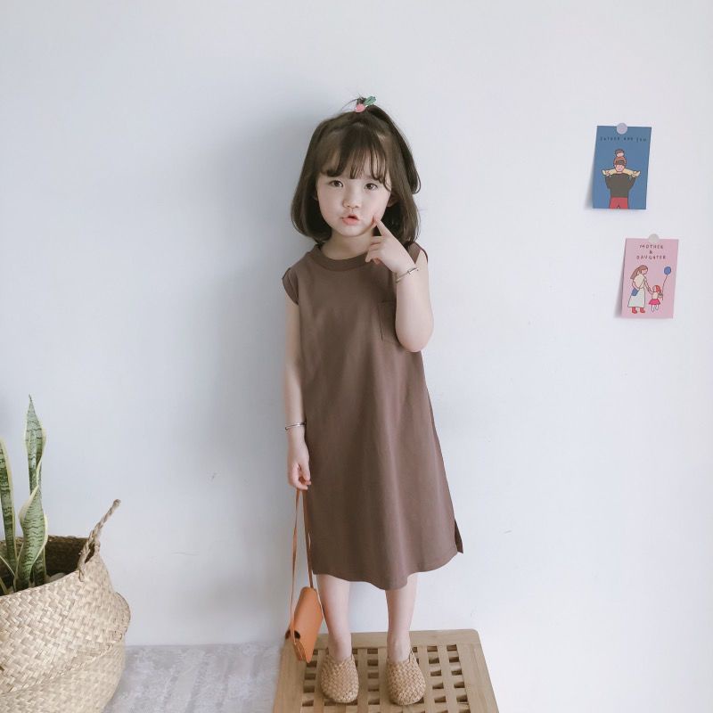 Đầm trẻ em bé gái dáng suông kiểu Hàn Quốc màu cà phê cho bé từ 1 đến 12 tuổi