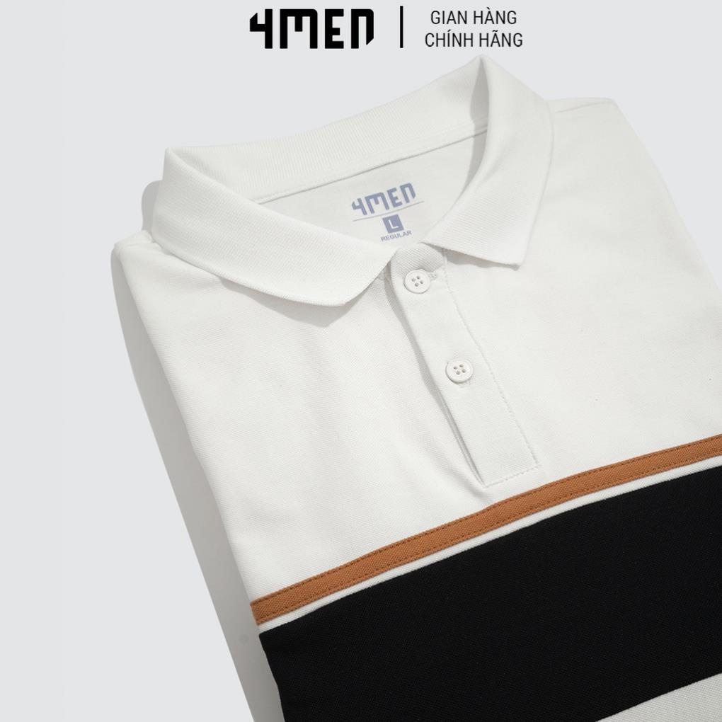 Áo thun polo nam có cổ đẹp 4MEN PO044 cổ trụ bẻ, vải cá sấu cotton cao cấp, phối màu kẻ ngang, chính hãng hàng hiệu *