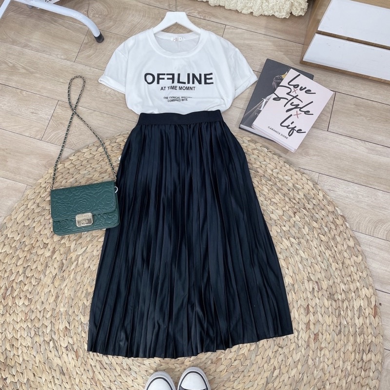 Set bộ áo phông OFF mix chân váy dập li xếp ly Áo cotton trắng váy midi dài đen