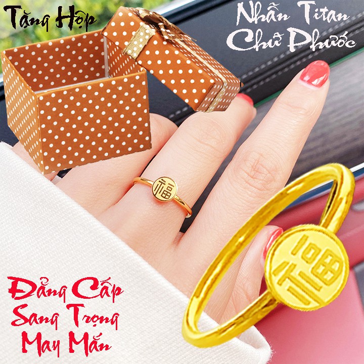 Nhẫn titan nữ chữ Phước màu vàng xinh xắn may mắn siêu đẹp, bền màu, hợp thời trang - Tặng hộp