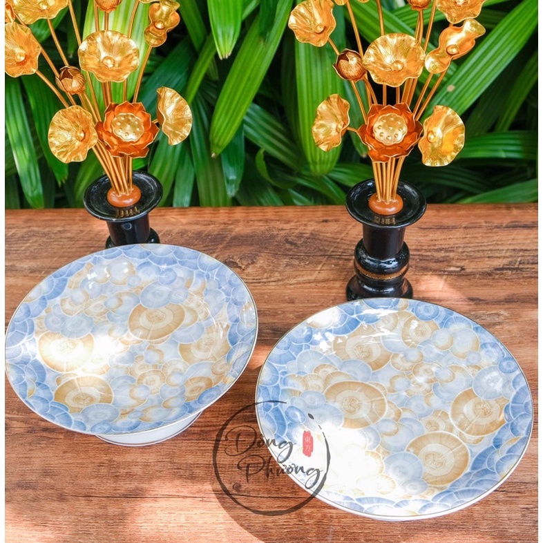 Bộ đồ thờ cúng thần tài thổ địa - Set Đồ Thờ Phụng gia tiên Sứ Trắng Vân Xanh Vàng Ngọc Cao Cấp