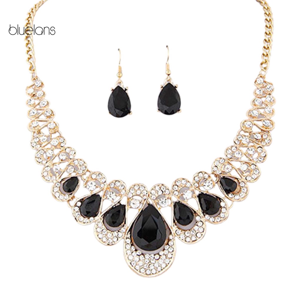 Bộ Trang Sức Dây Chuyền + Bông Tai Hình Giọt Nước Bằng Hợp Kim Đính Đá Nhân Tạo Màu Sắc Tươi Sáng Thời Trang Cho