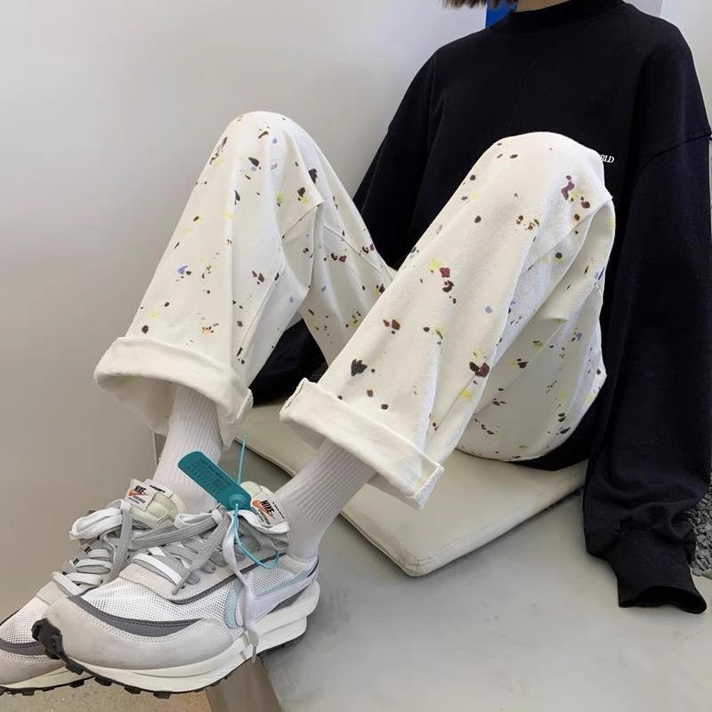 ORDER_ Quần Jeans Trắng Vẩy Sơn Unisex Cá Tính