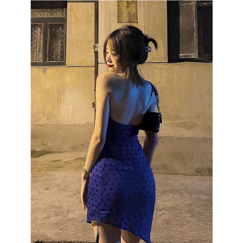 DUNEA Đầm hai dây thiết kế hở lưng lệch tà màu xanh dương thời trang quyến rũ dành cho nữ