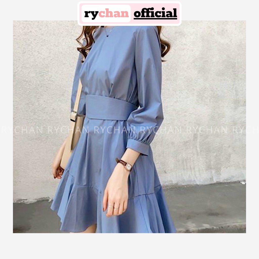 Đầm Xòe Viền Bèo Dài Tay Thắt Nơ Eo 2 Màu  - DX0087