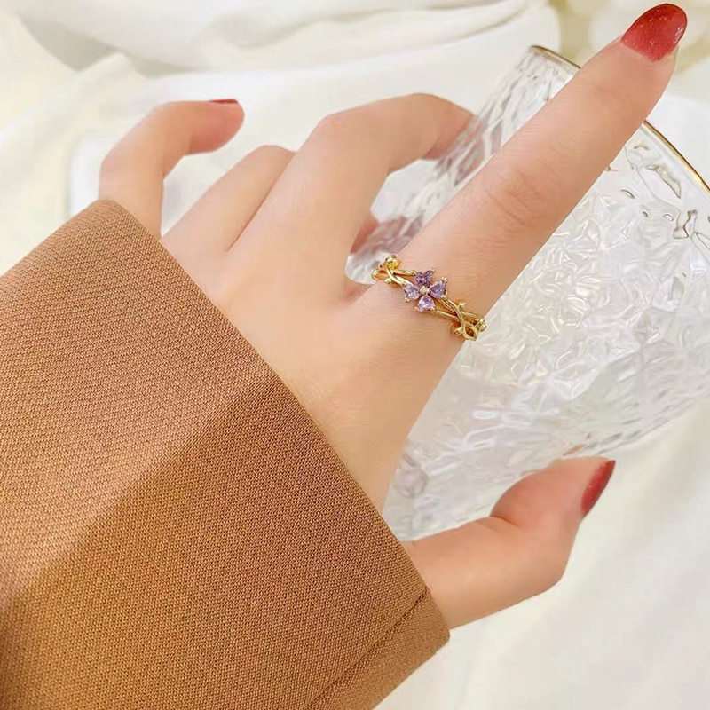 Nhẫn Titan nữ không gỉ Vàng 18k cỏ ba lá kim cương tím Trang sức Titan