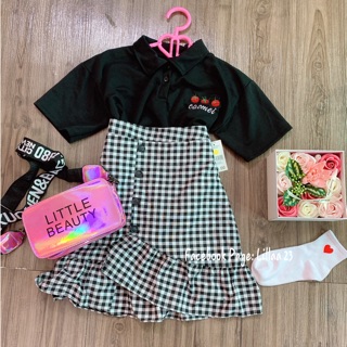 Set ulzzang áo croptop chân váy đuôi cá caro 62