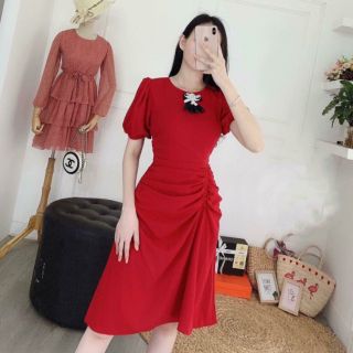 Đầm đỏ tay phồng xinh xắn cao cấp