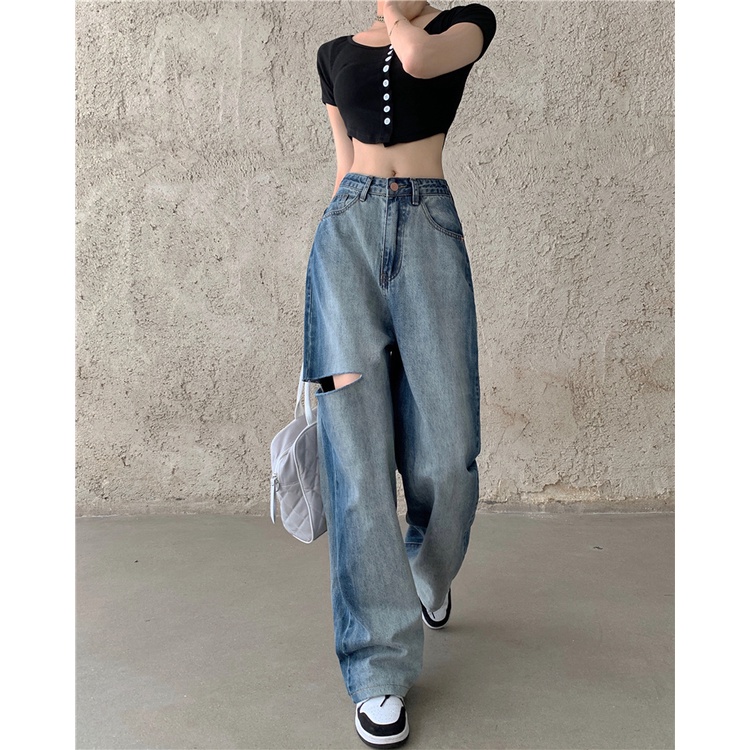 QKOOLE Quần jeans dài  lưng cao ống rộng thời trang Hàn Quốc dành cho nữ