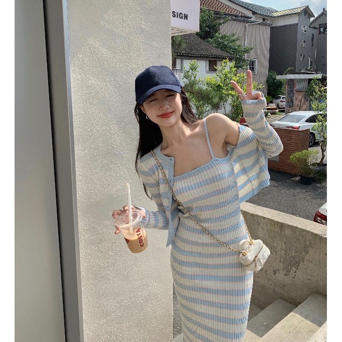 QKOOLE  Set Áo cardigan Chống Nắng + Chân Váy Dệt Kim Thời Trang Hàn Quốc Cho Nữ