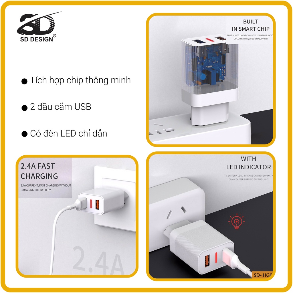 Bộ Củ+ cáp sạc SD DESIGN HG01 đầy đủ chân sạc ,TypeC,Micro cho mọi ĐT ip,samsung,..