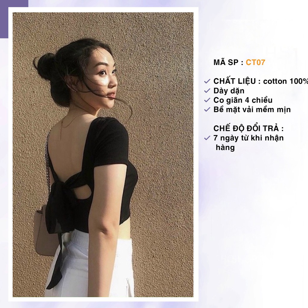 Áo croptop nữ tay ngắn phối nơ, Áo croptop ôm co dãn hở lưng SUNA FASHION