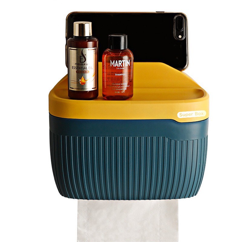 Hộp đựng giấy toilet đa năng, có giá để đồ và khe để điện thoại, dùng miếng dán nano siêu dính không cần khoan tường