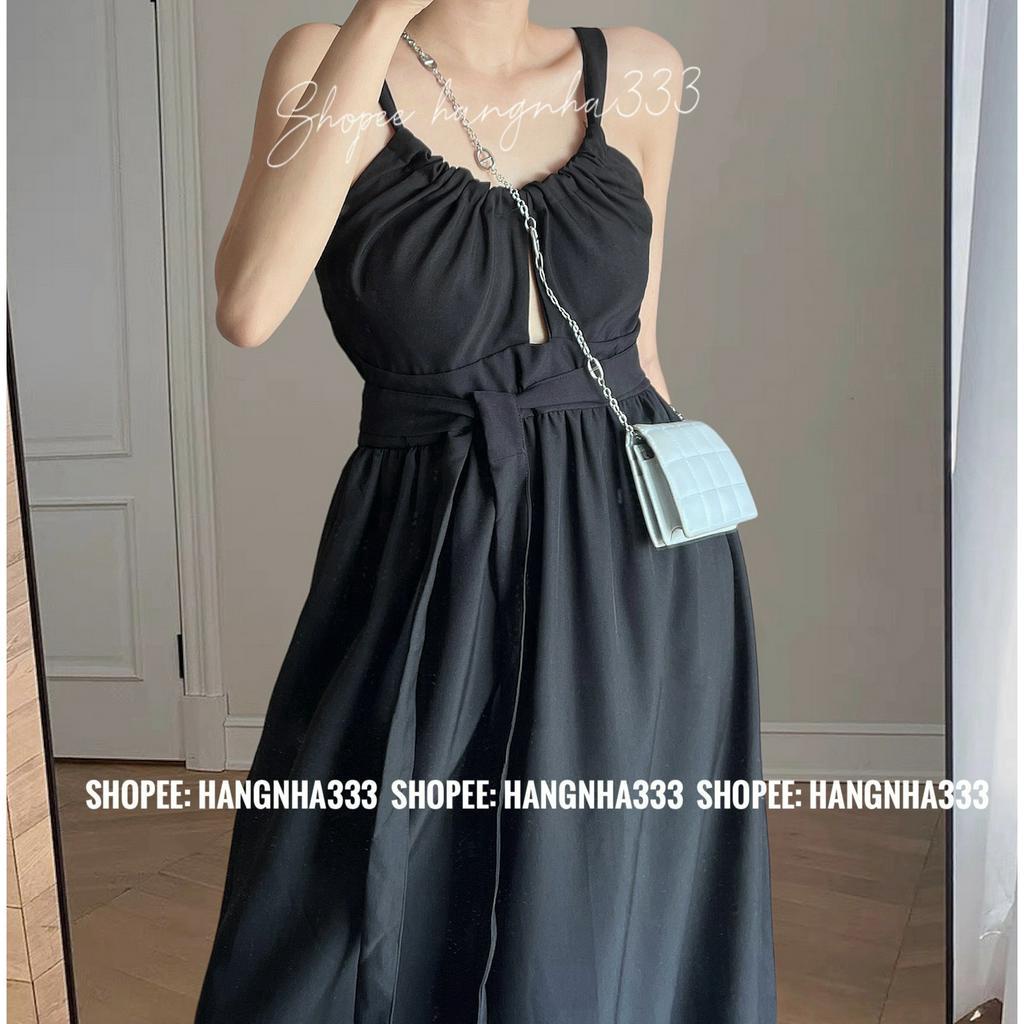 Khóa Lưng | Đầm maxi 2 dây form dài siêu xòe khoét ngực kèm dây thắt chun lưng trendy tiểu thư