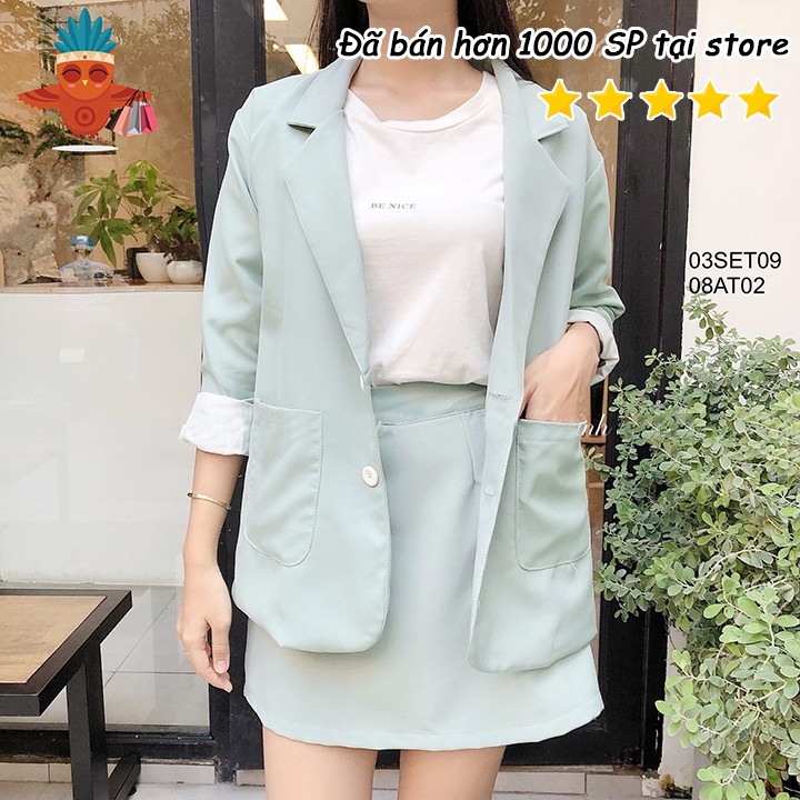 Set áo khoác vest 2 túi phối chân váy lưng thun pastel THOCA HOUSE vải dày đi làm, đi học freesize dưới 56kg
