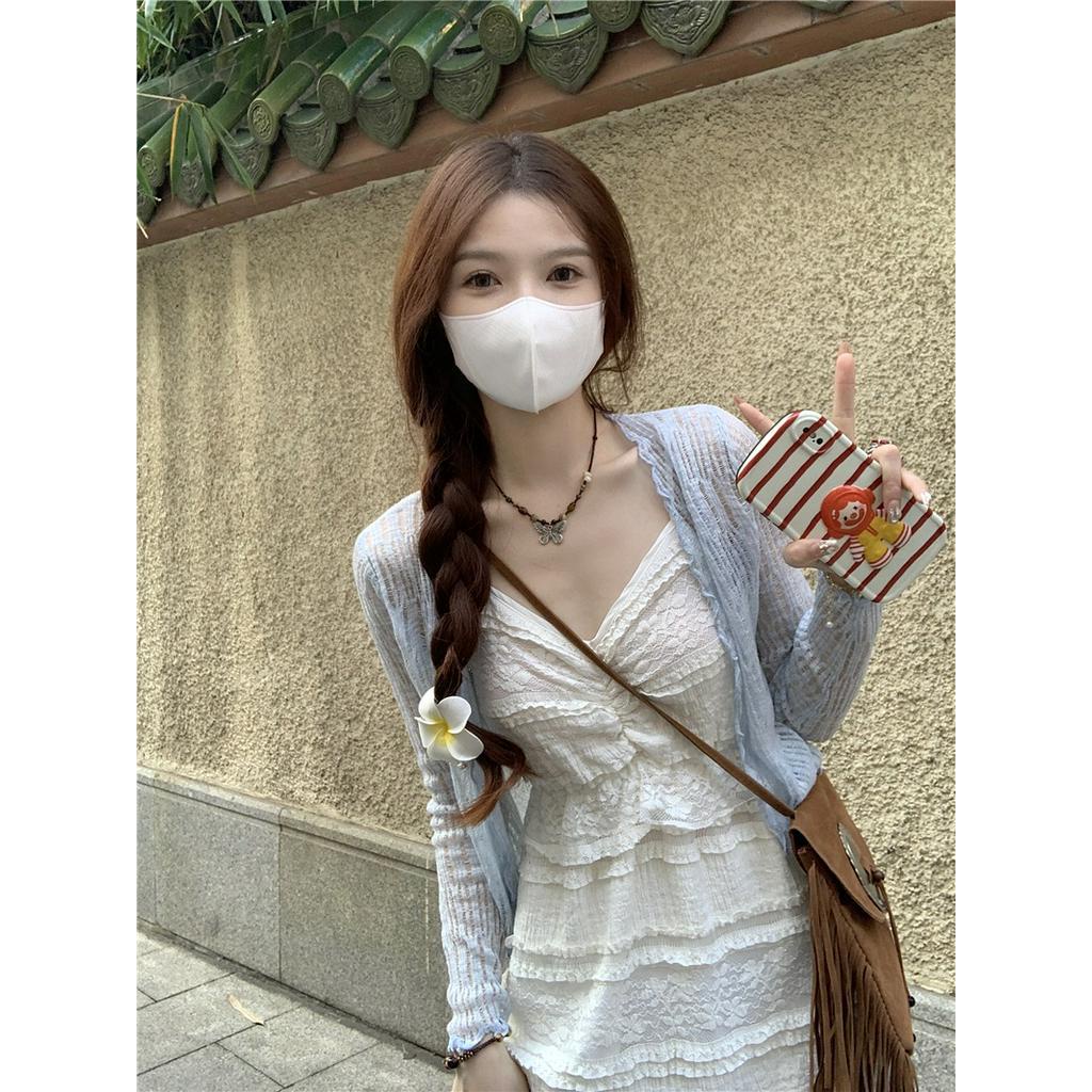 Đầm Dây Ren Mỏng Dài Tay Phong Cách Hàn Quốc Cổ Điển 62148