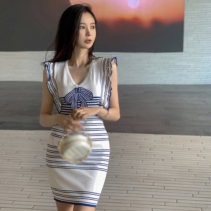 Váy Đầm không tay Cổ Chữ V Thắt Nơ Eo Thời Trang