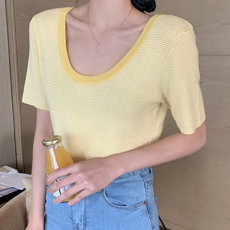 Áo Thun Nữ Tay Ngắn Cổ Chữ U Kẻ Sọc Ngang Thời Trang