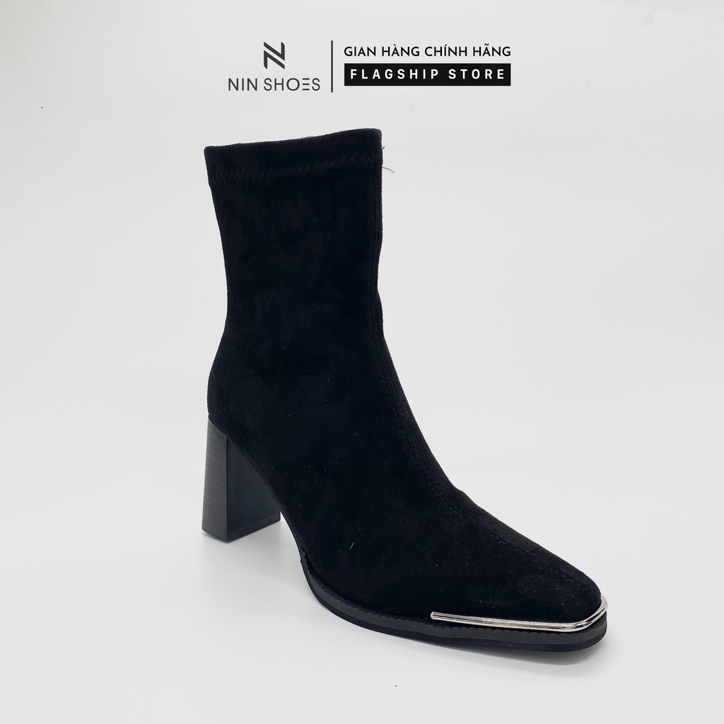 Giày Boot nữ 7p gót vuông mũi bọc sắt da lộn cao cổ Ninshoes | WebRaoVat - webraovat.net.vn