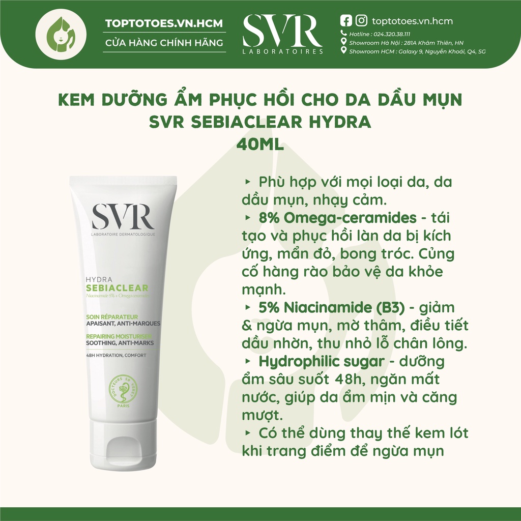 Kem dưỡng ẩm phục hồi cho da dầu mụn SVR Sebiaclear Hydra giảm mụn, mờ thâm - 40ml