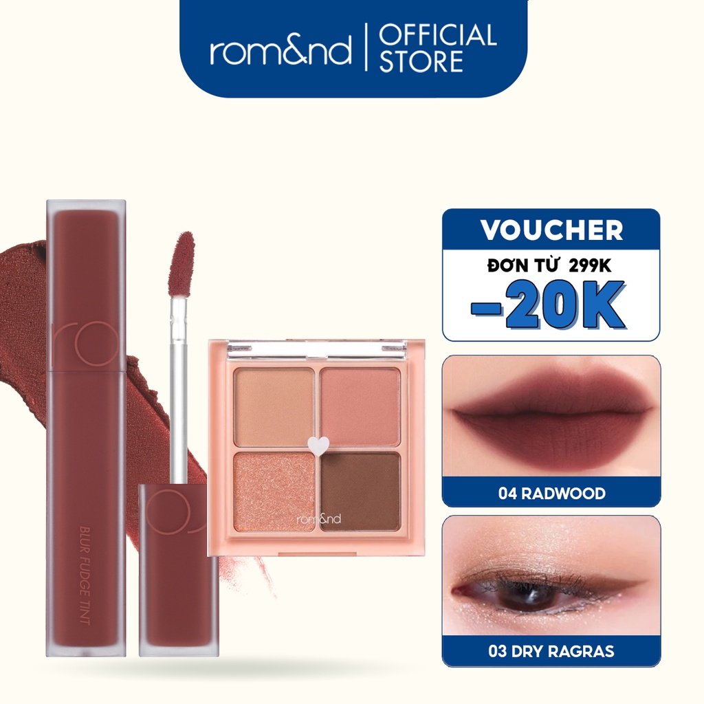 Combo Bảng màu mắt Romand Better Than Eyes 6.5g + Son kem siêu lì Romand Blur Fudge Tint 5g