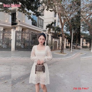 Đầm ren thiết kế dài tay khoét cổ vuông cao cấp